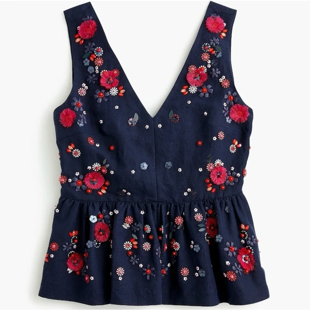 NWT J. Crew Navy Blue Hand Embellished Linen/ Cotton Peplum Tank Size 4 - Picture 1 of 13